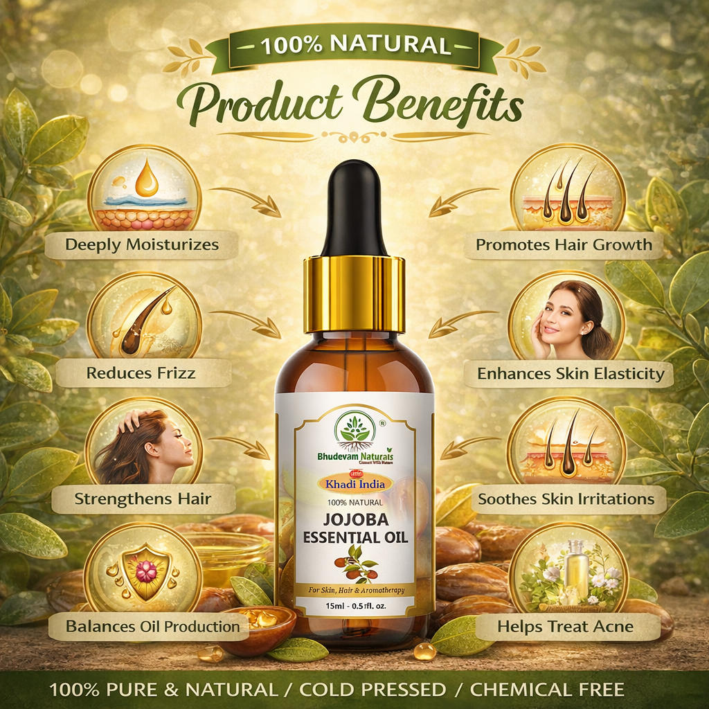 Bhudevam Naturals Khadi Jojoba Essential Oil Natural Carrier Oil for Face, Skin, Hair Growth, Beard Care, Massage & DIY Skincare- 15ml