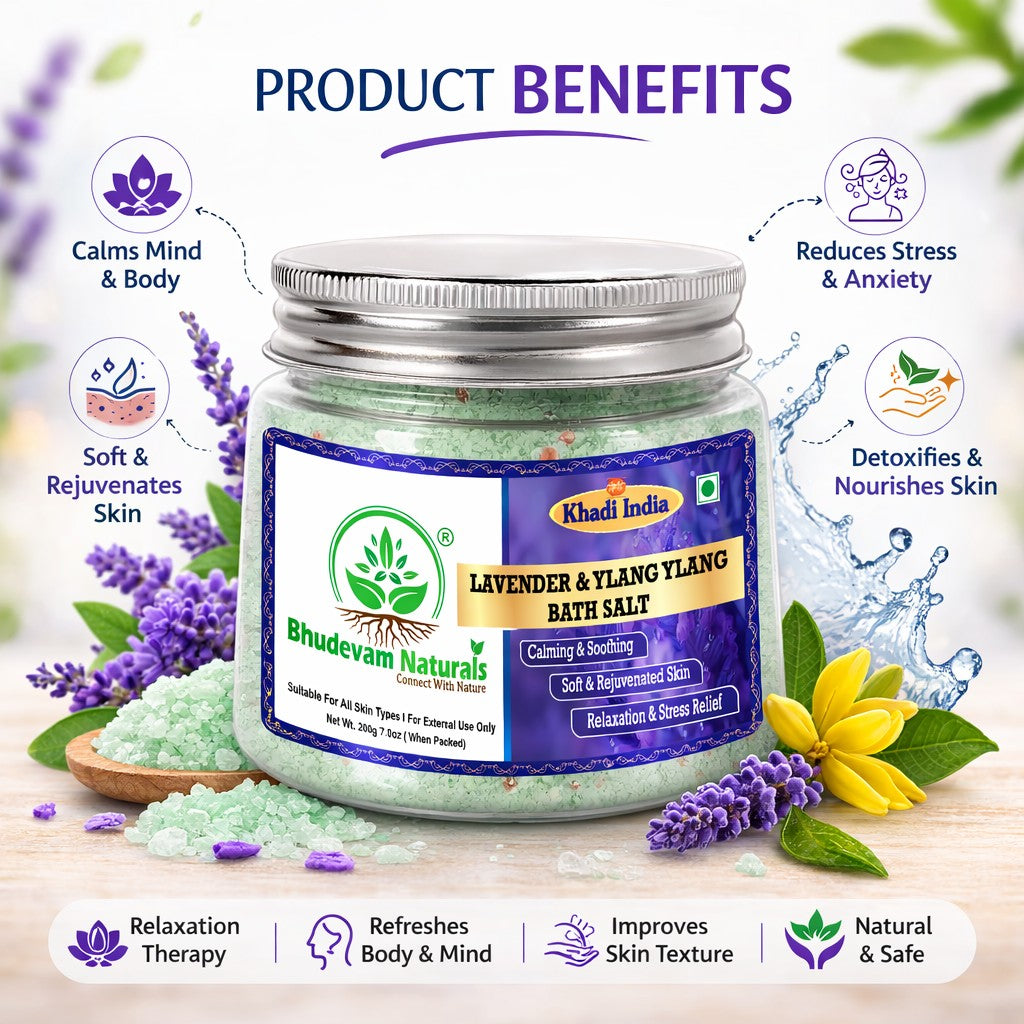 Bhudevam Naturals Khadi Lavender & Basil Bath Salts – Relaxing Aromatherapy Soak for Stress Relief, Muscle Relaxation & Skin Care- 200GM