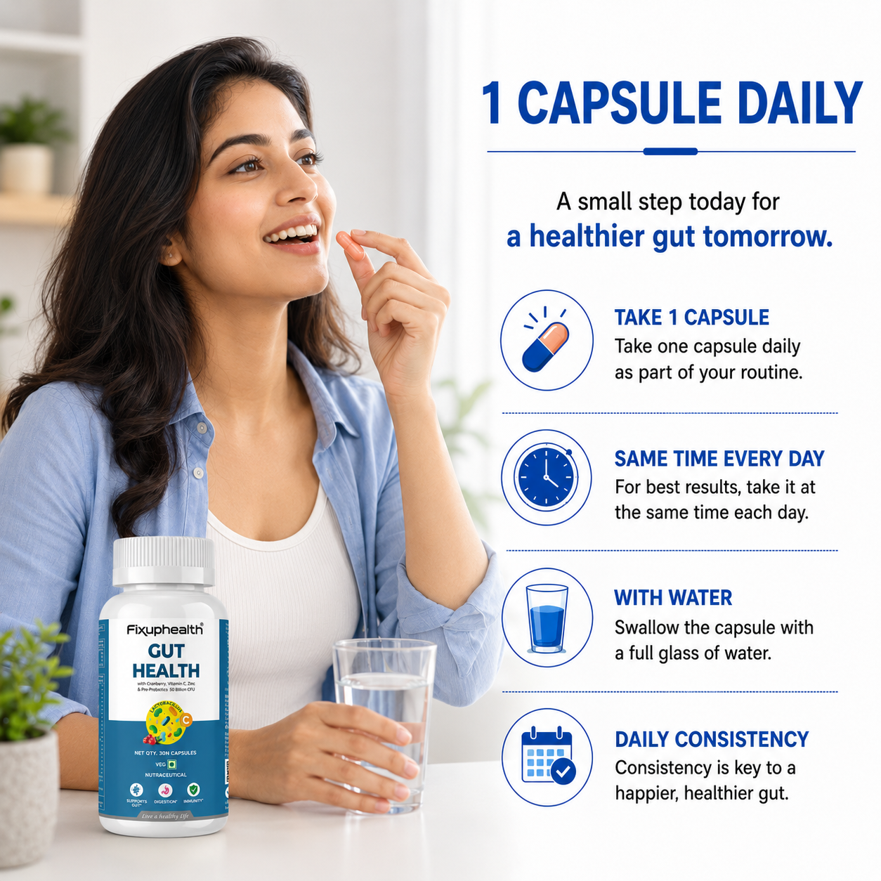 Fixuphealth Probiotics Supplement for Gut Health 50 Billion CFU | Probiotic Capsules with Prebiotics, Cranberry, Vitamin C & Zinc | Digestive Health & Immunity Support | Plant Based | 30 Capsules