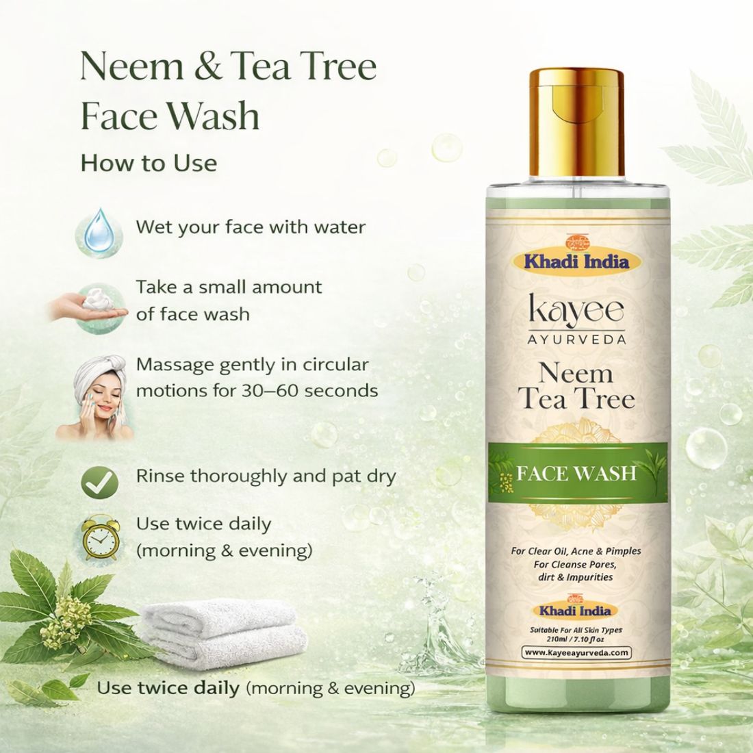Kayee Ayurveda Neem Tea Tree Face Wash for Men & Women | Herbal Facial Cleanser for Oily & Acne-Prone Skin | Neem & Tea Tree Formula Helps Remove Dirt, Excess Oil & Impurities for Fresh, Clean & Healthy-Looking Skin | 210 ml