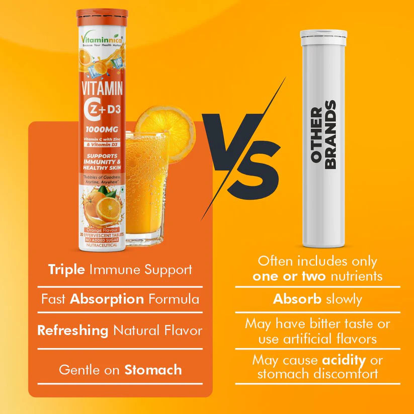 Vitaminnica Vitamin C + Zinc + D3 Effervescent Tablets - Orange Immune Support, 20 Count