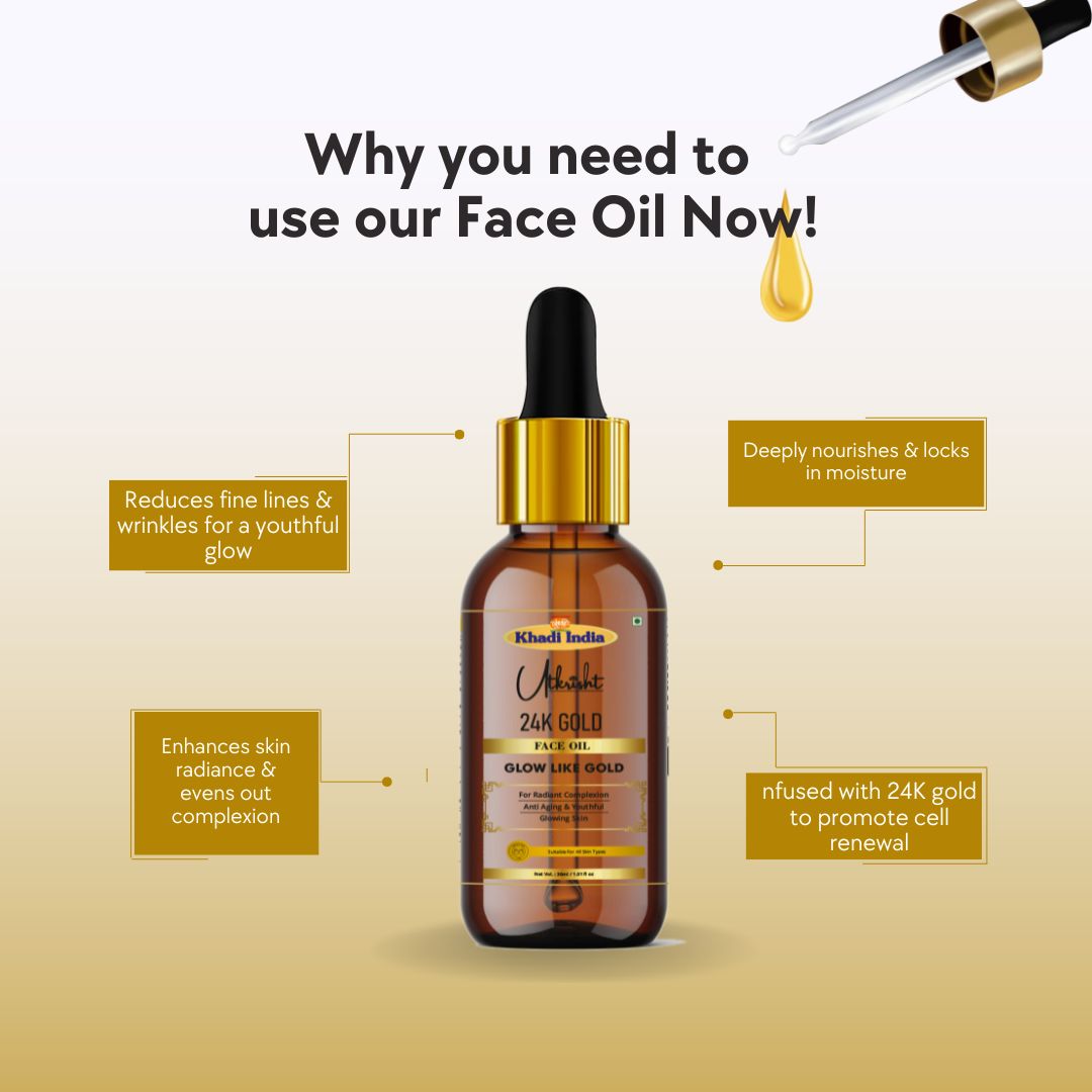 Khadi 24K Gold Face Oil | Facial Oil with Real Gold Particles & Ayurvedic Herbs | Brightening & Radiance-Boosting Face Oil for Glowing-Looking Skin | Anti-Ageing Skin Care | All Skin Types