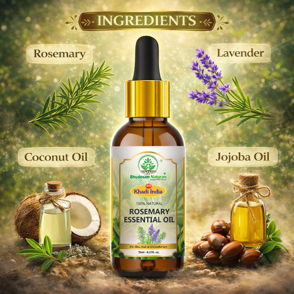 Bhudevam Naturals Khadi Rosemary Essential Oil for Hair Growth, Anti Hair Fall, Aromatherapy, Diffuser & Skin Care -15ml
