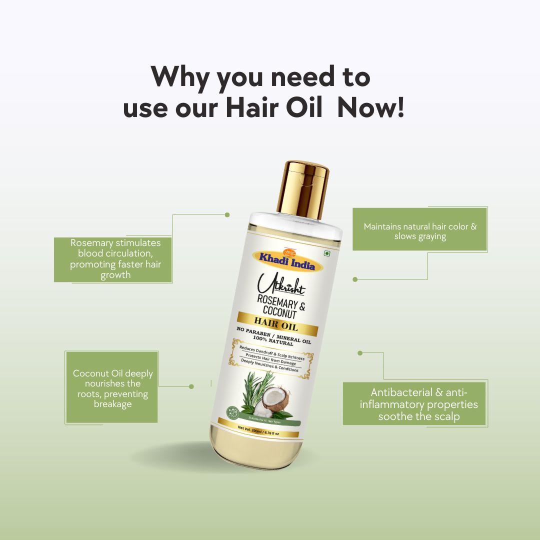 Utkrisht Khadi Pure Rosemary & Coconut Hair Oil | For Hair Growth, Hair Fall Control, Strong, Thick & Shiny Hair