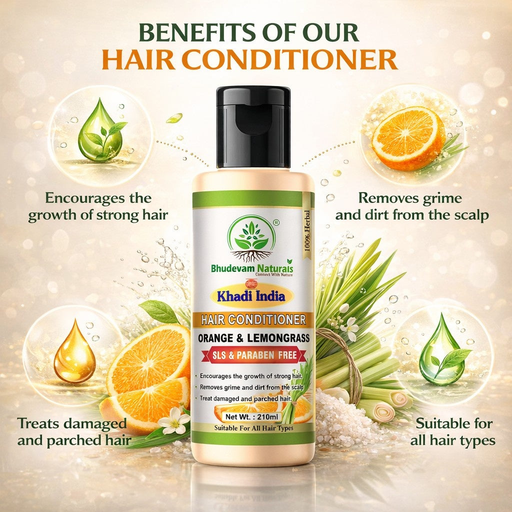 Bhudevam Naturals Khadi Orange & Lemongrass Hair Conditioner – Chemical Free Frizz Control & Shine Boost Formula-210ML