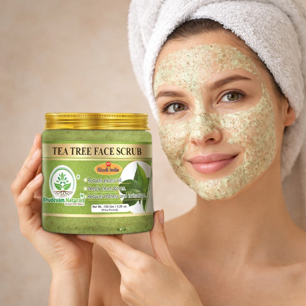 Bhudevam Naturals Khadi Tea Tree Face Scrub – Deep Cleansing Exfoliator for Acne, Pimples & Oil Control for Clear Skin- 150GM
