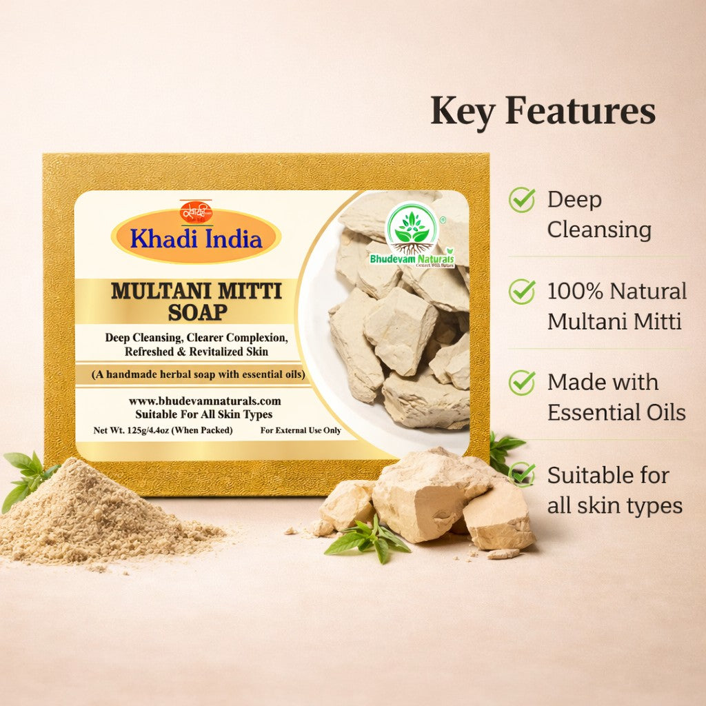 Bhudevam Naturals Khadi Handmade Multani Mitti Soap For Deep Cleansing & Oil Control Bath Soap - 500GM (Pack of 2)