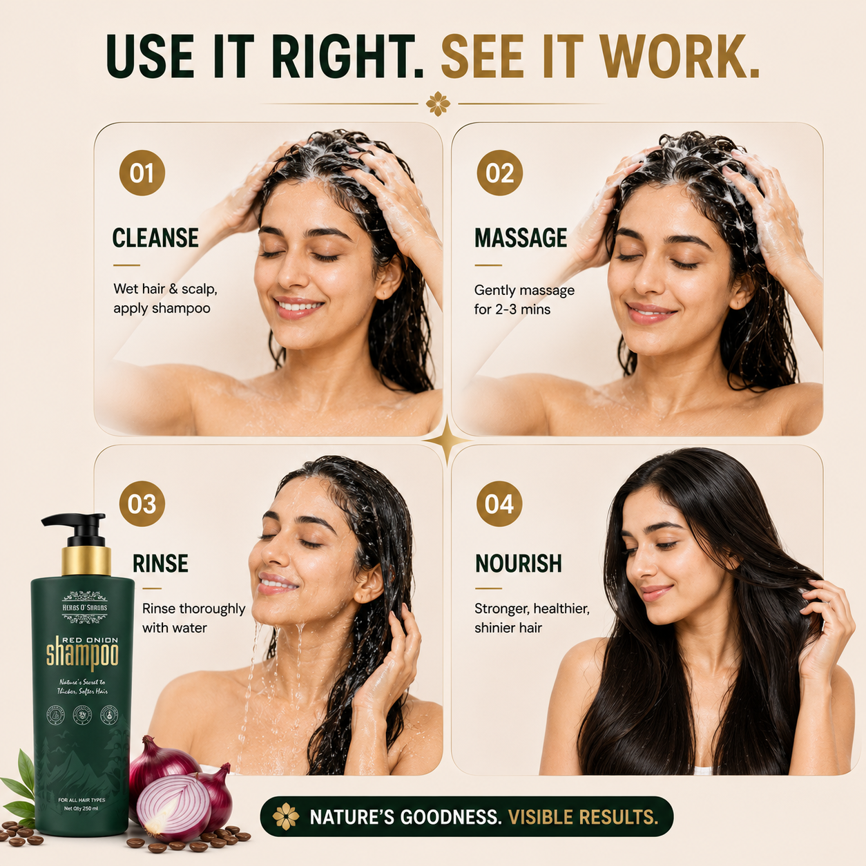 Herbs O' Shrubs Onion Strength & Shine Shampoo with Ayurvedic Ingredients | Onion, Coffee, Brahmi, Hibiscus, Green Tea & Curry Leaf | Gentle Daily Hair Cleanser for All Hair Types, 250 ml