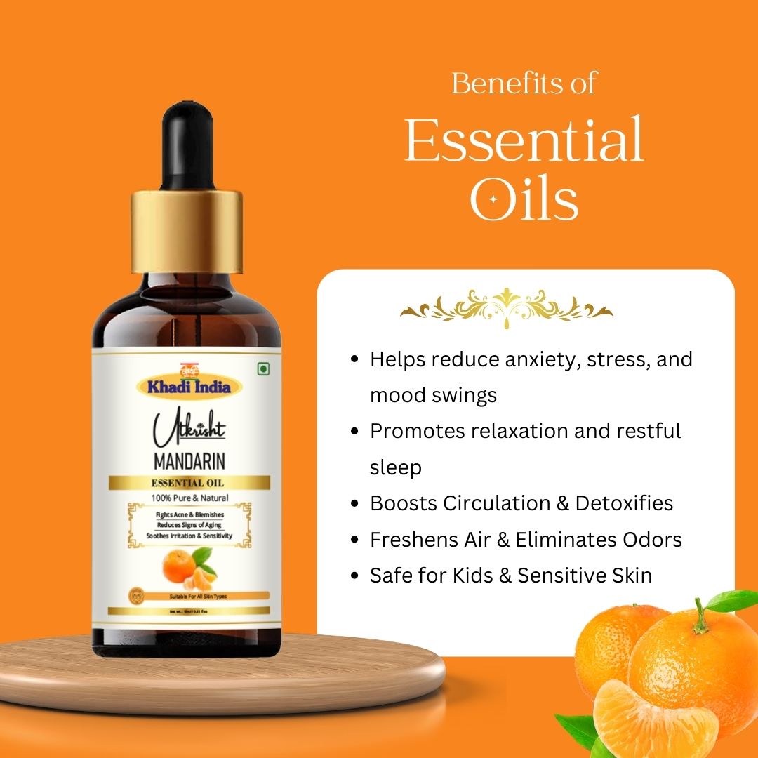 Khadi Mandarin Essential Oil | Pure & Natural Mandarin Oil for Face & Skin Care | Essential Oil for Brightening & Glowing-Looking Skin | Citrus Aromatherapy Oil for Relaxation | 15 ml