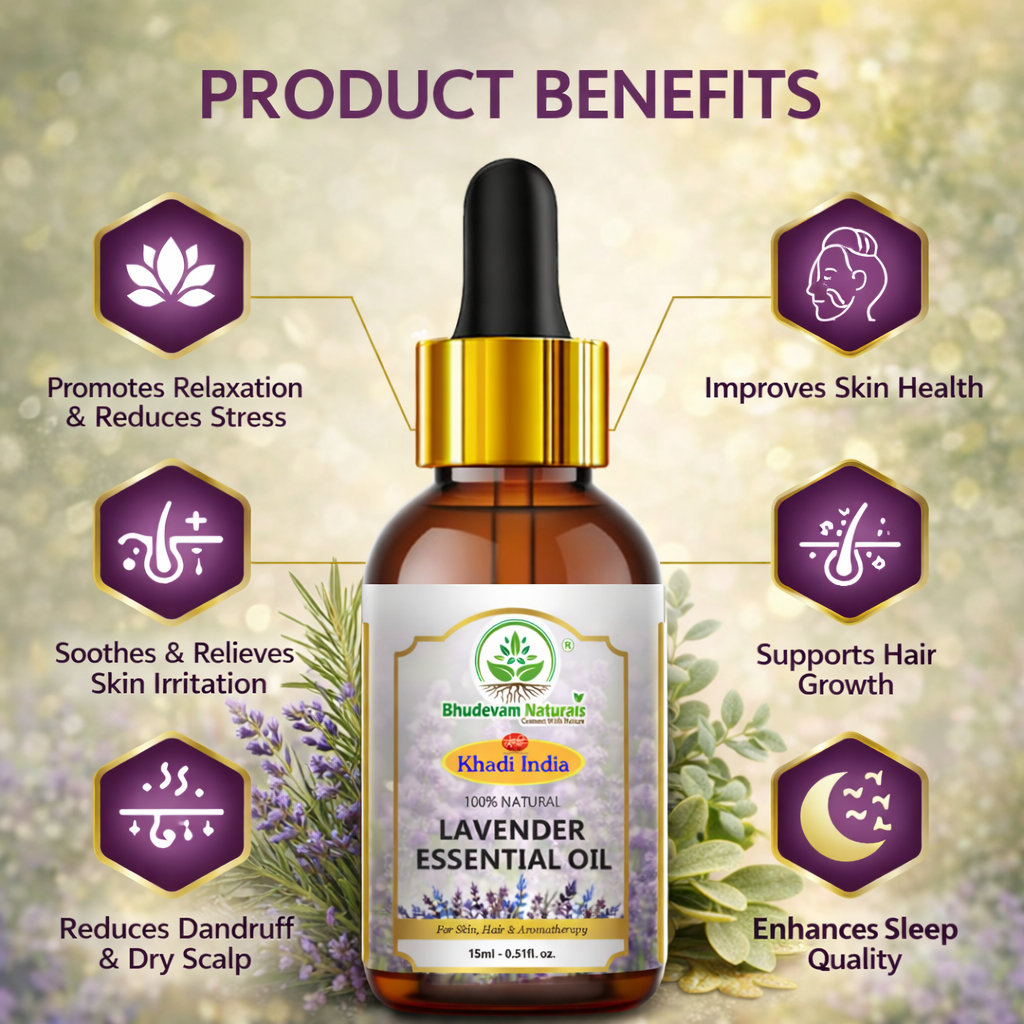 Bhudevam Naturals Khadi Lavender Essential Oil for Aromatherapy, Stress Relief, Skin & Hair Care, Diffuser, Sleep Support & Massage - 15ml
