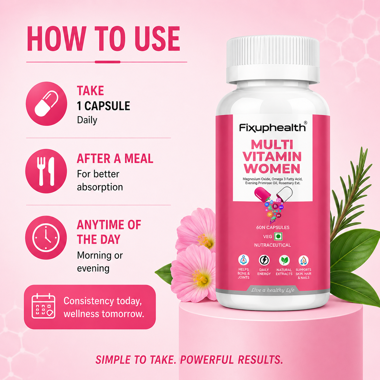 Fixuphealth Multivitamin Capsules for Women | Multivitamin with Probiotics, Omega 3, Evening Primrose Oil, Vitamins C, D & B12, Magnesium & Zinc | Immunity, Energy & Daily Wellness Support | 60 Capsules