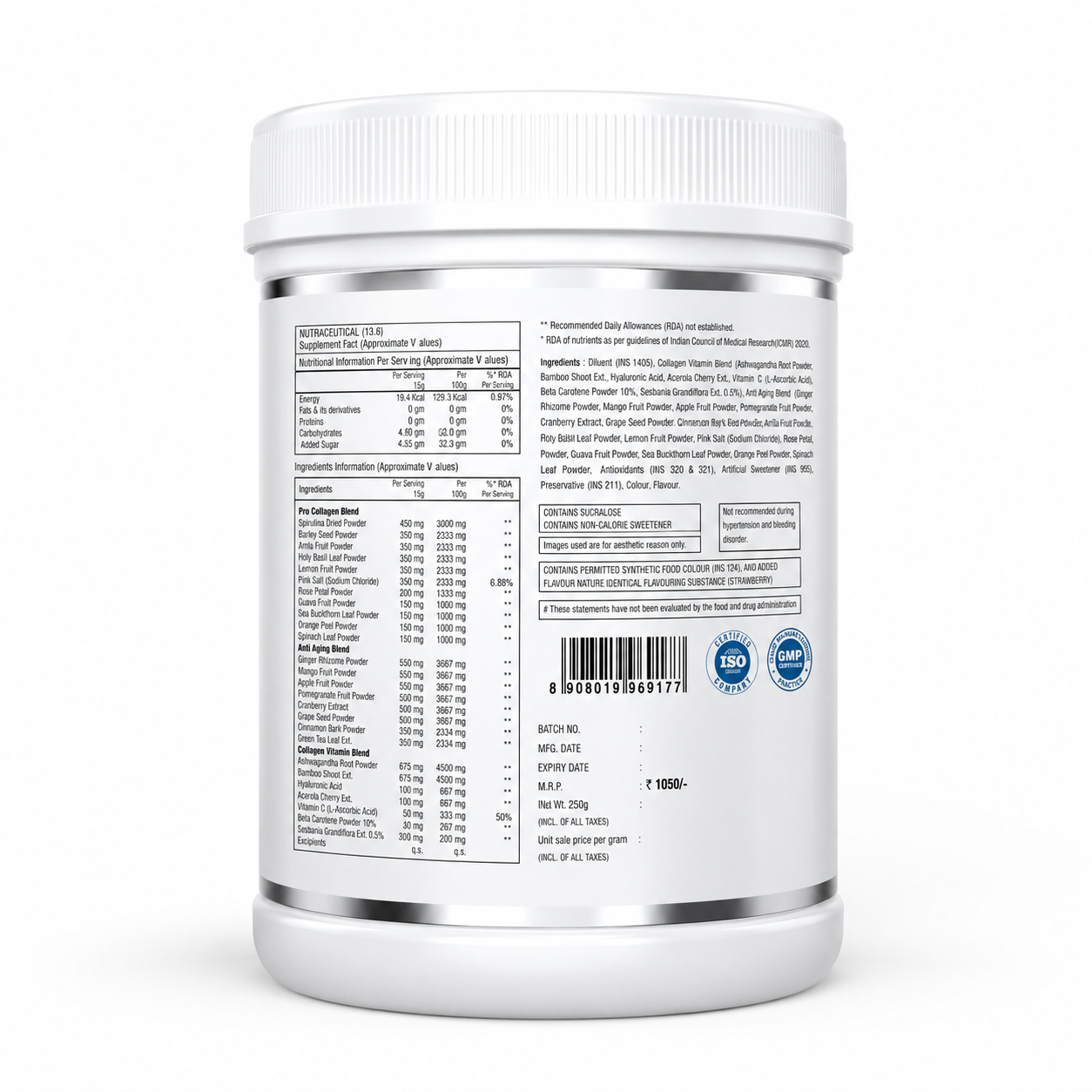 Fixup Health Veg Collagen Builder Powder with Hyaluronic Acid, Glutathione & Vitamin Extracts | Collagen Peptides Supplement for Women & Men | Superfood for Beauty & Skin Health | Strawberry - 250g