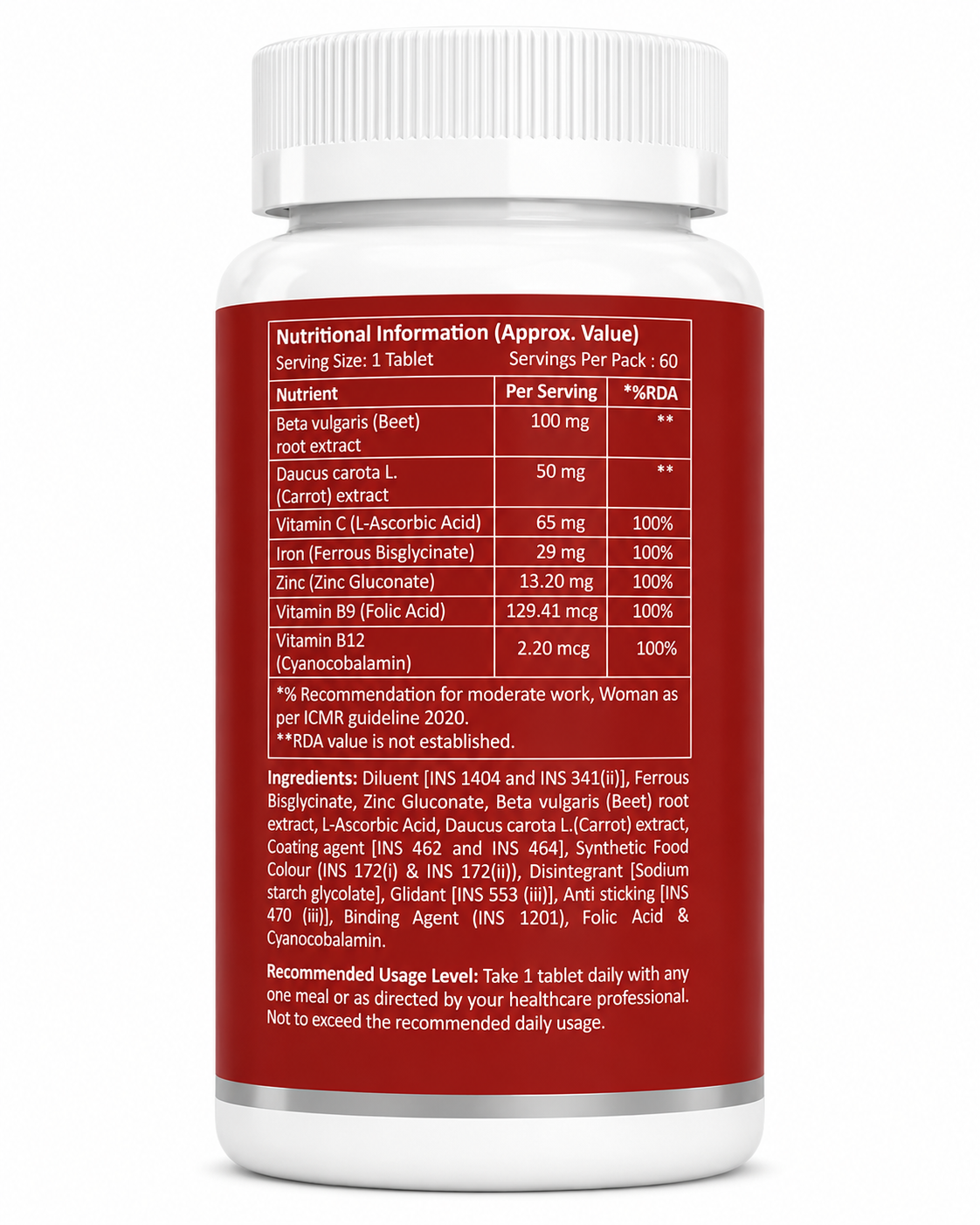 Fixuphealth Chelated Iron Supplement for Women | Folic Acid, Vitamin B12, Vitamin C, Zinc, Beetroot & Carrot Extract | High Absorption Iron Tablets for Women | (60 Tablets)