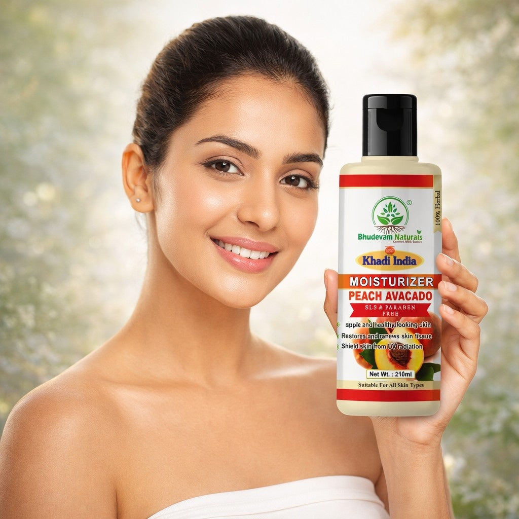Bhudevam Naturals Khadi Peach Avocado Moisturizer for Women & Men – Soft, Smooth & Healthy Looking Skin- 210ML