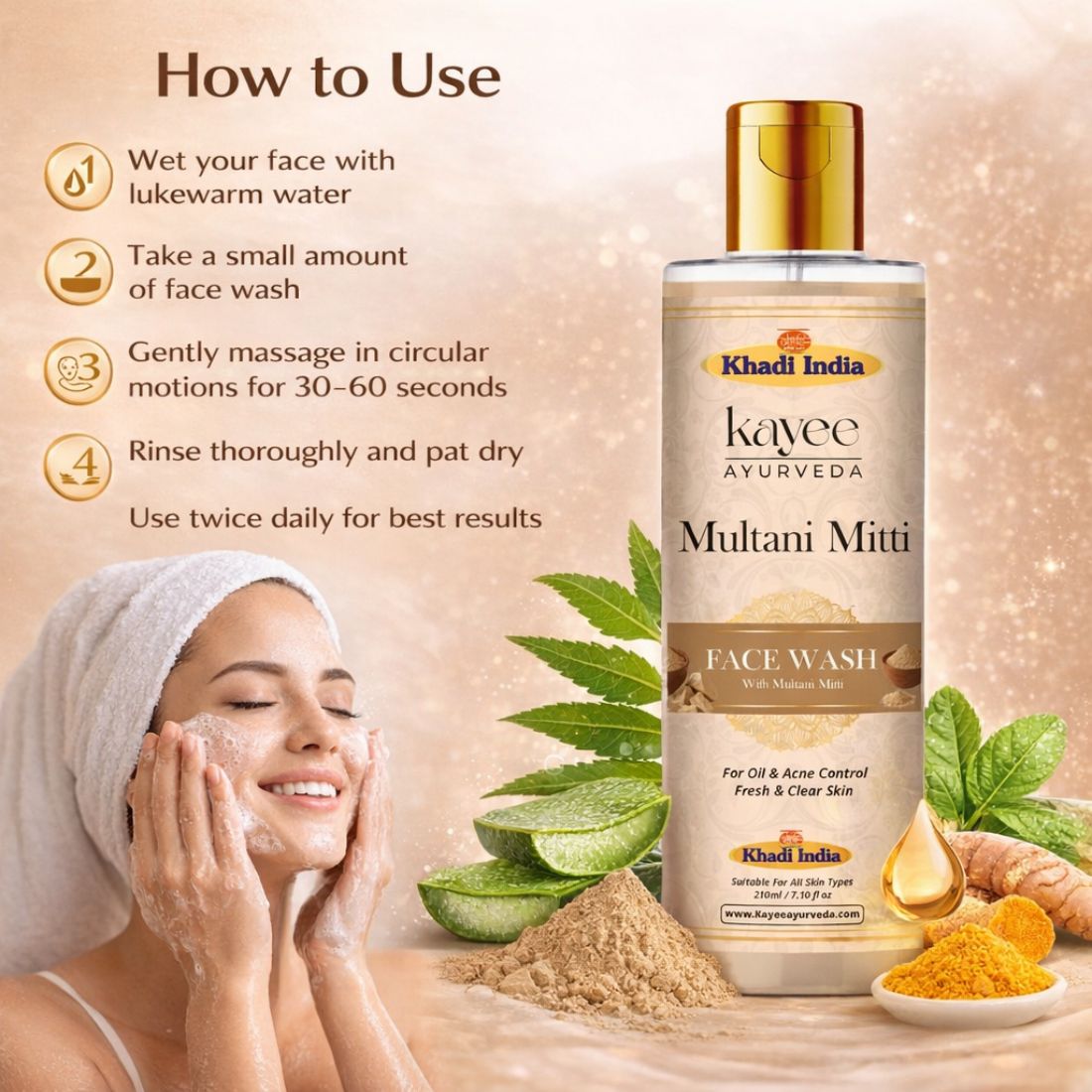 Kayee Ayurveda Multani Mitti Facial Cleanser for Men & Women | Herbal Clay Face Wash for Oily & Combination Skin | Helps Remove Dirt, Pollution, Excess Oil & Surface Impurities for Clean, Soft, Smooth & Fresh-Looking Skin | 210 ml