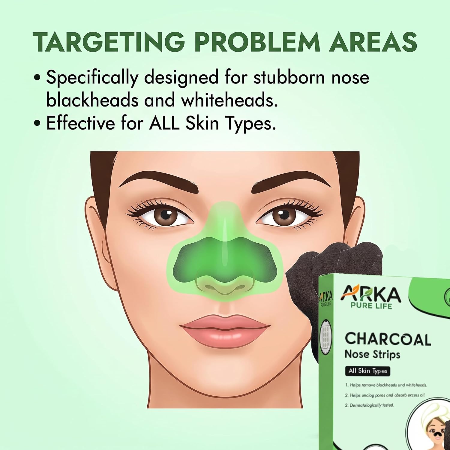Arka Pure Life Charcoal Nose Strips – Deep Cleansing Pore Strips for Blackhead & Sebum Removal – 3 Strips