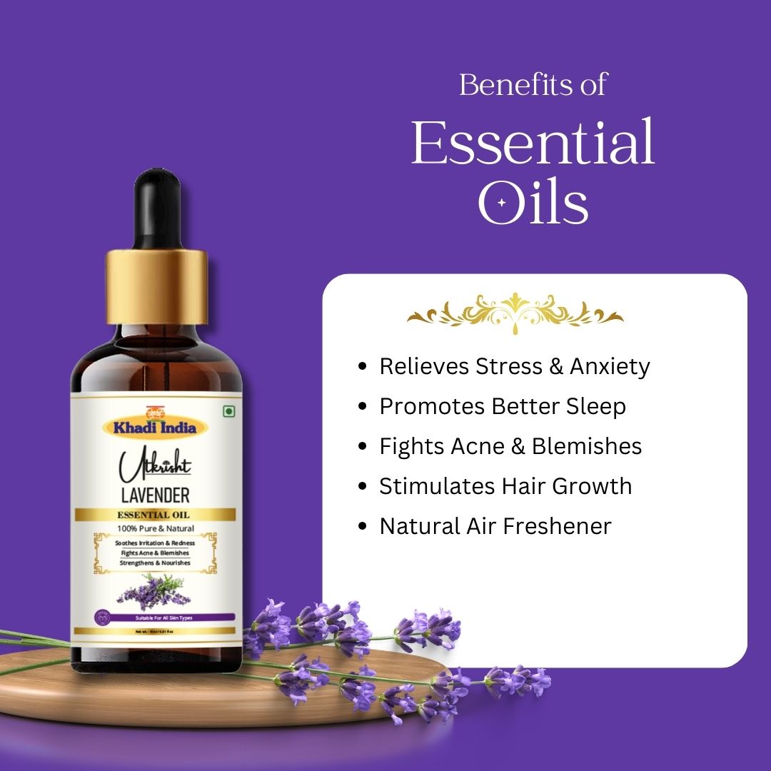 Khadi Lavender Essential Oil | Pure & Natural Lavender Oil for Face, Skin & Aromatherapy | Floral Essential Oil for Relaxation, Calm & Bedtime Routine | 15 ml