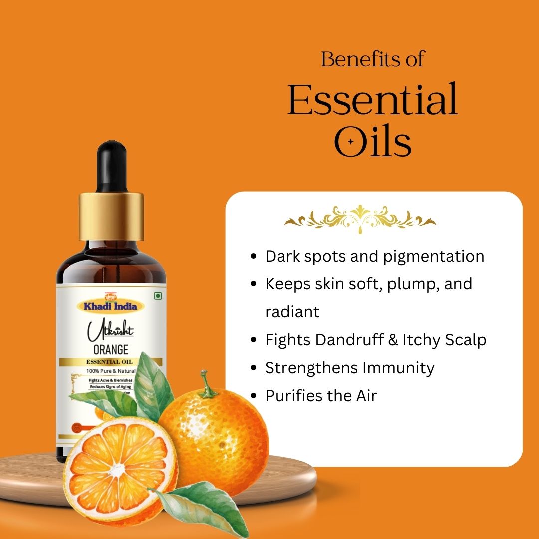Khadi Orange Essential Oil | Pure & Natural Orange Oil for Face & Skin Care | Essential Oil for Glowing-Looking & Oily Skin | Refreshing Citrus Aromatherapy Oil | 15 ml