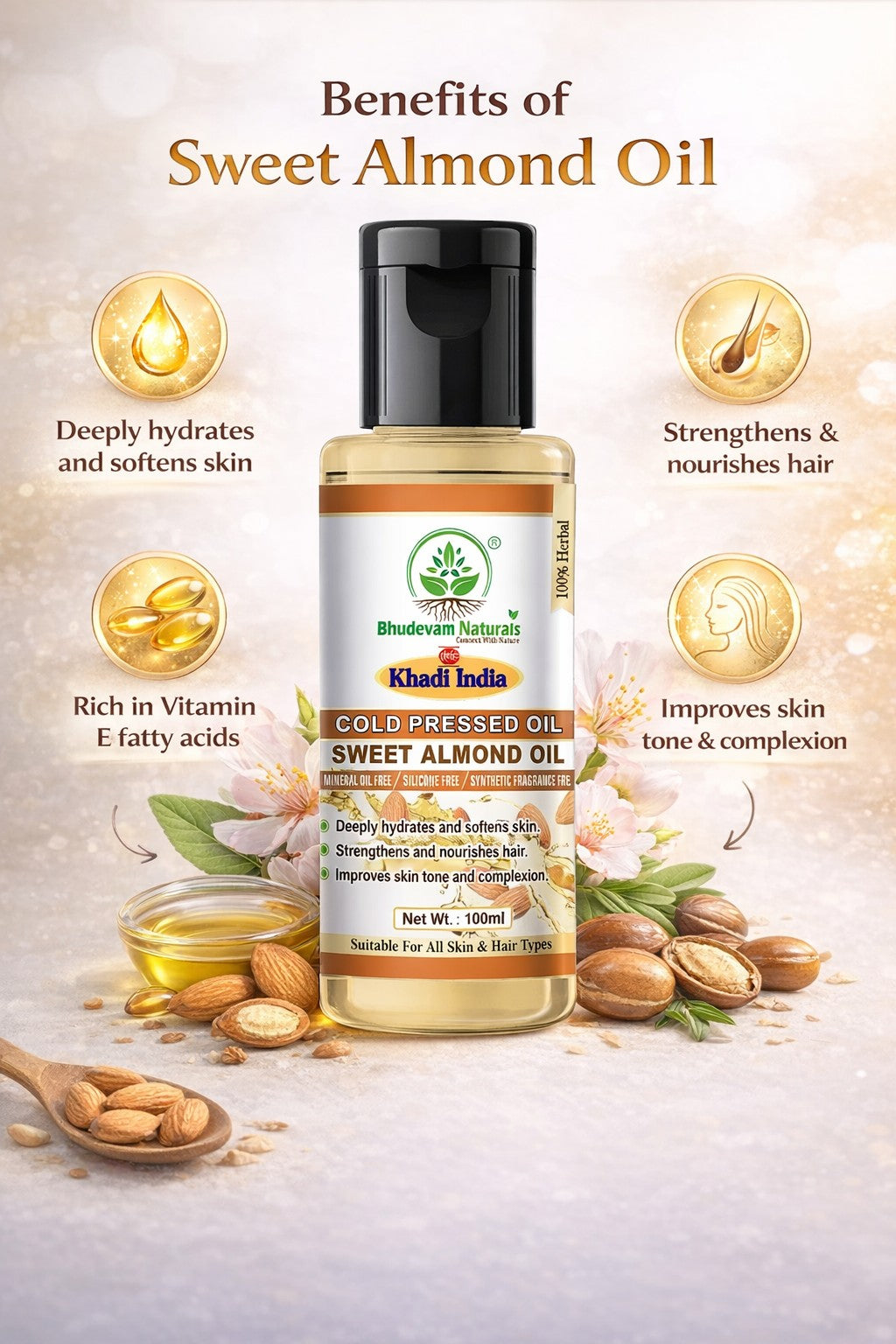 Bhudevam Naturals Khadi Sweet Almond Oil – Pure Natural Carrier Oil for Skin, Hair & Body Massage- 100ML