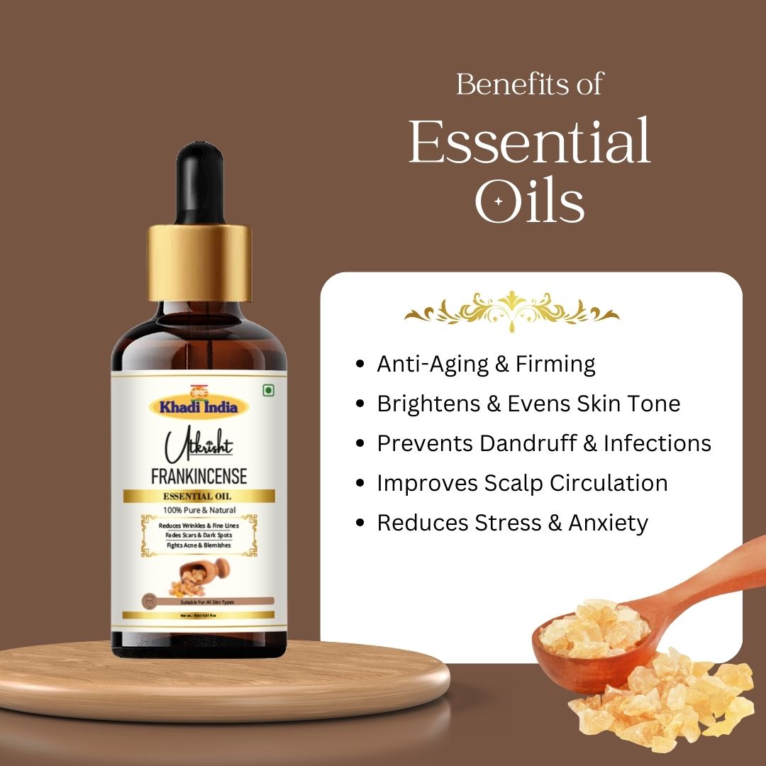 Khadi Frankincense Essential Oil | Pure & Natural Frankincense Oil for Face & Body Care | Essential Oil for Glowing-Looking Skin, Skin Care & Relaxation | Aromatherapy Oil | 15 ml