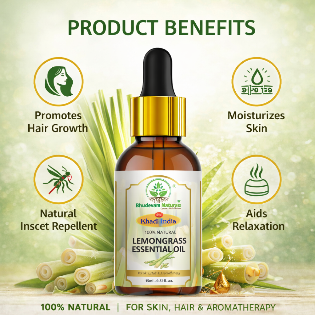 Bhudevam Naturals Khadi Lemongrass Essential Oil for Aromatherapy, Stress Relief & Skin Care | Diffuser & Massage Oil - 15ML