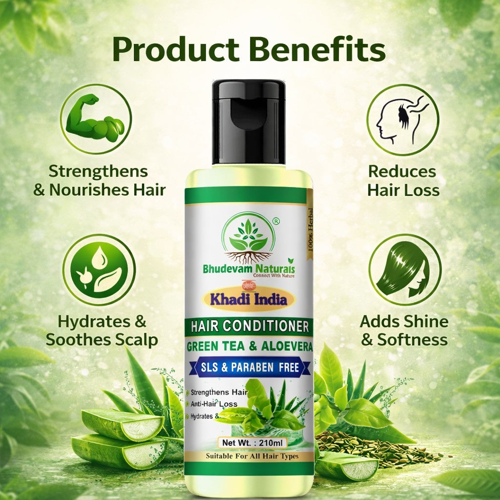 Bhudevam Naturals Khadi Green Tea Aloe Vera Hair Conditioner – Sulphate & Paraben Free Frizz Control Formula-210ML