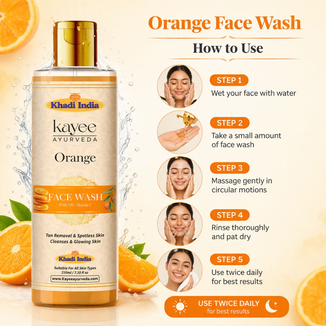 Kayee Ayurveda Orange Face Wash for Glowing & Fresh-Looking Skin | Fruit-Enriched Facial Cleanser for Normal, Oily & Combination Skin | Helps Cleanse Dirt, Pollution, Excess Oil & Daily Impurities for a Smooth, Radiant-Looking Complexion | 210 ml
