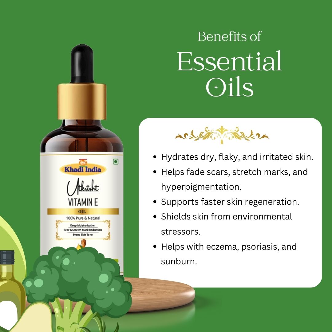 Khadi Vitamin E Essential Oil | Pure & Natural Vitamin E Oil for Face, Skin & Hair Care | Moisturising Oil for Soft, Smooth & Glowing-Looking Skin | Hair Nourishing & Wellness Oil | 15 ml