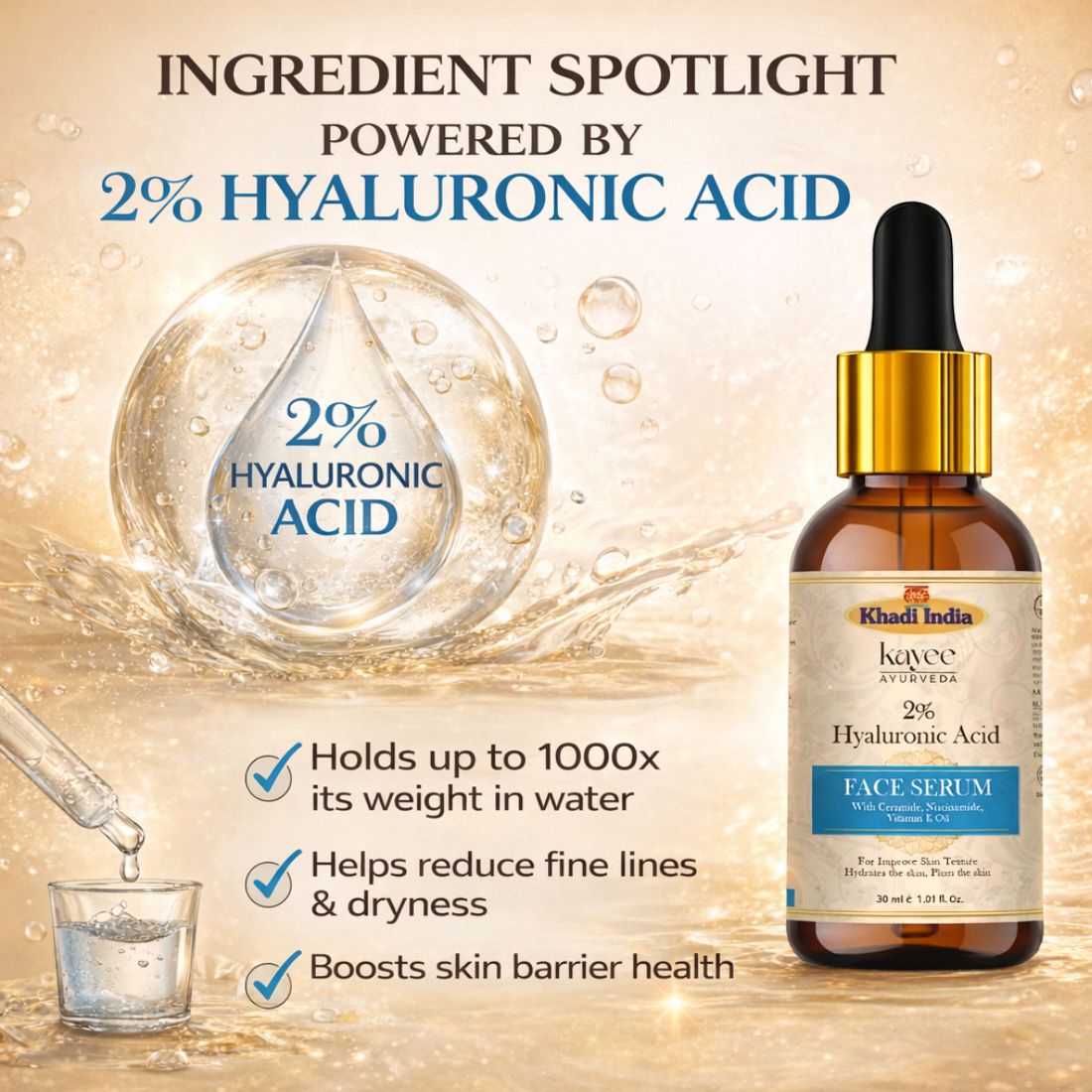 Kayee Ayurveda 2% Hyaluronic Acid Serum for Face, Intense Hydration & Moisturization, Lightweight Facial Serum for Dry, Dull & Dehydrated Skin, Daily Skincare for Women & Men | 30 ml