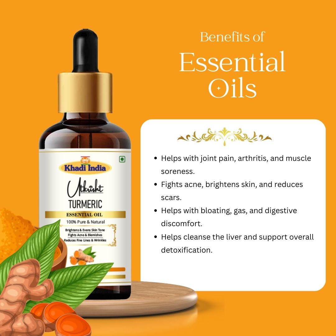 Khadi Turmeric Essential Oil | Pure & Natural Turmeric Oil for Face & Body Care | Essential Oil for Glowing-Looking Skin, Oily & Acne-Prone Skin | Herbal Aromatherapy & Massage Oil | 15 ml