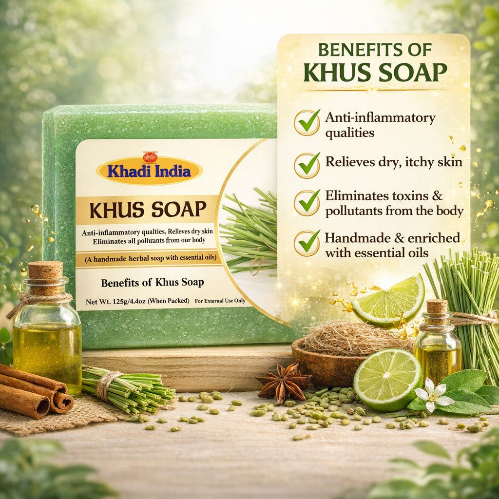 Bhudevam Naturals Khadi Handmade Khus Soap For Cooling & Skin Refreshing Bath Soap- 500GM (Pack of 4)