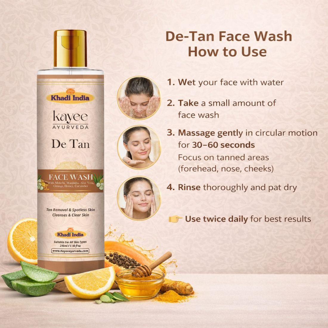 Kayee Ayurveda De-Tan Face Wash for Face Brightening | Daily Facial Cleanser for Tan, Dullness & Uneven-Looking Skin | Helps Remove Everyday Impurities, Excess Oil & Dead Skin for a Fresh & Clean Appearance | 210 ml