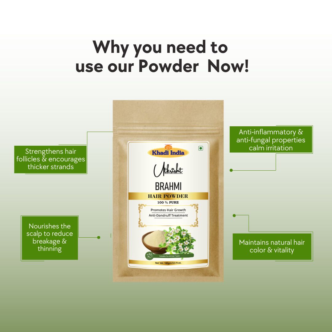 Khadi Brahmi Powder for Hair Care | 100% Natural Brahmi Leaf Powder | Helps Reduce Hair Fall, Strengthen Roots & Nourish Scalp | Ayurvedic Herbal Hair Pack | For All Hair Types