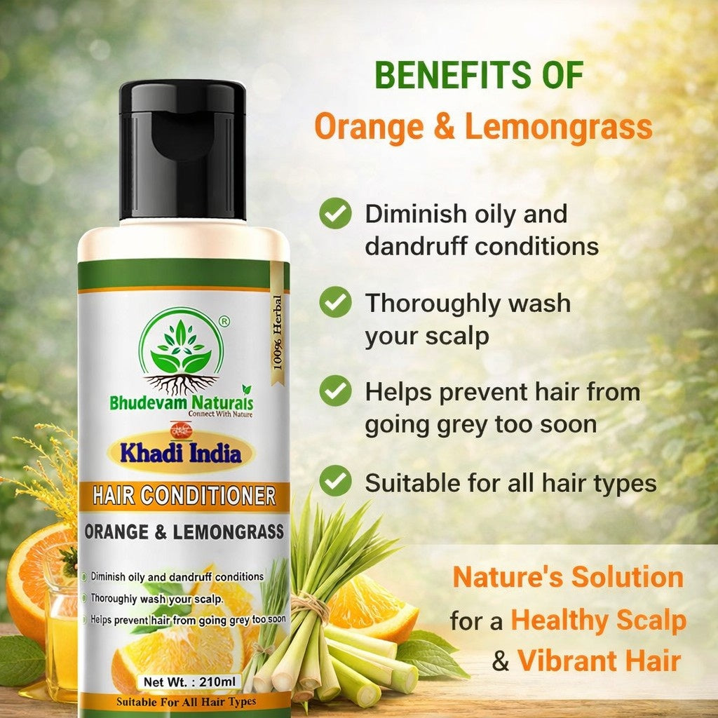 Bhudevam Natuals Khadi Orange & Lemongrass Conditioner For Frizz Control & Hydrating Hair Care Formula- 420ML (Pack of 2)