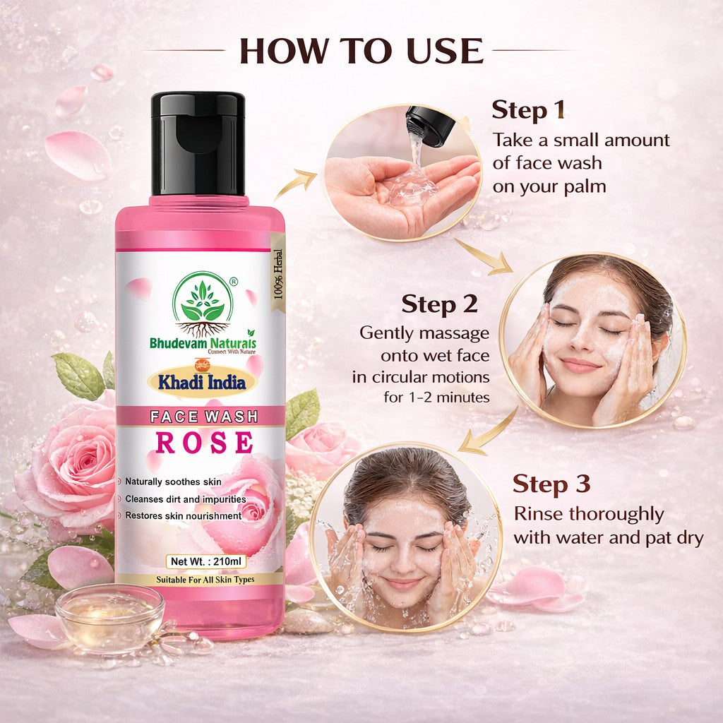 Bhudevam Naturals Khadi Rose Face Wash Gentle Herbal Face Cleanser for Soft & Glowing Skin- 420ML (Pack of 2)