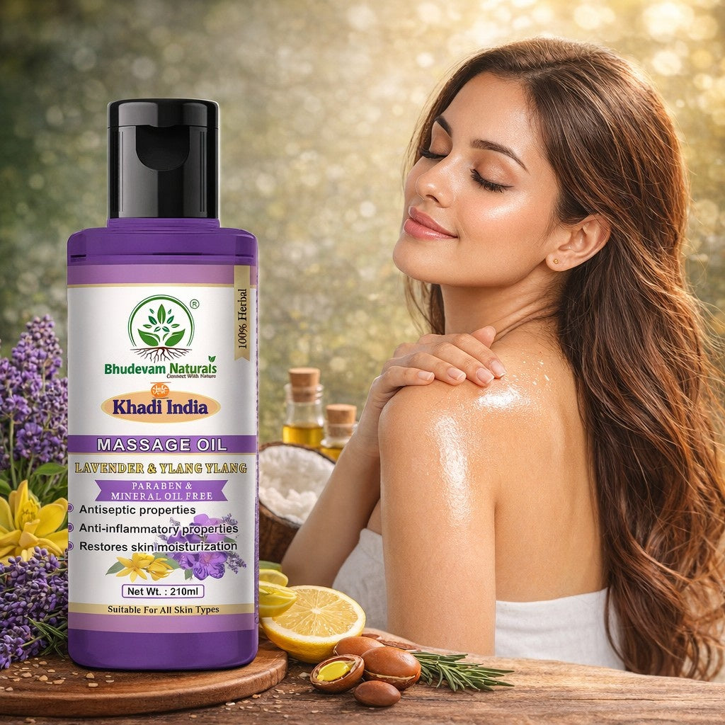 Bhudevam Naturals Khadi Lavender & Ylang Ylang Relaxing Body Massage Oil for Stress Relief & Skin Nourishment- 210ML
