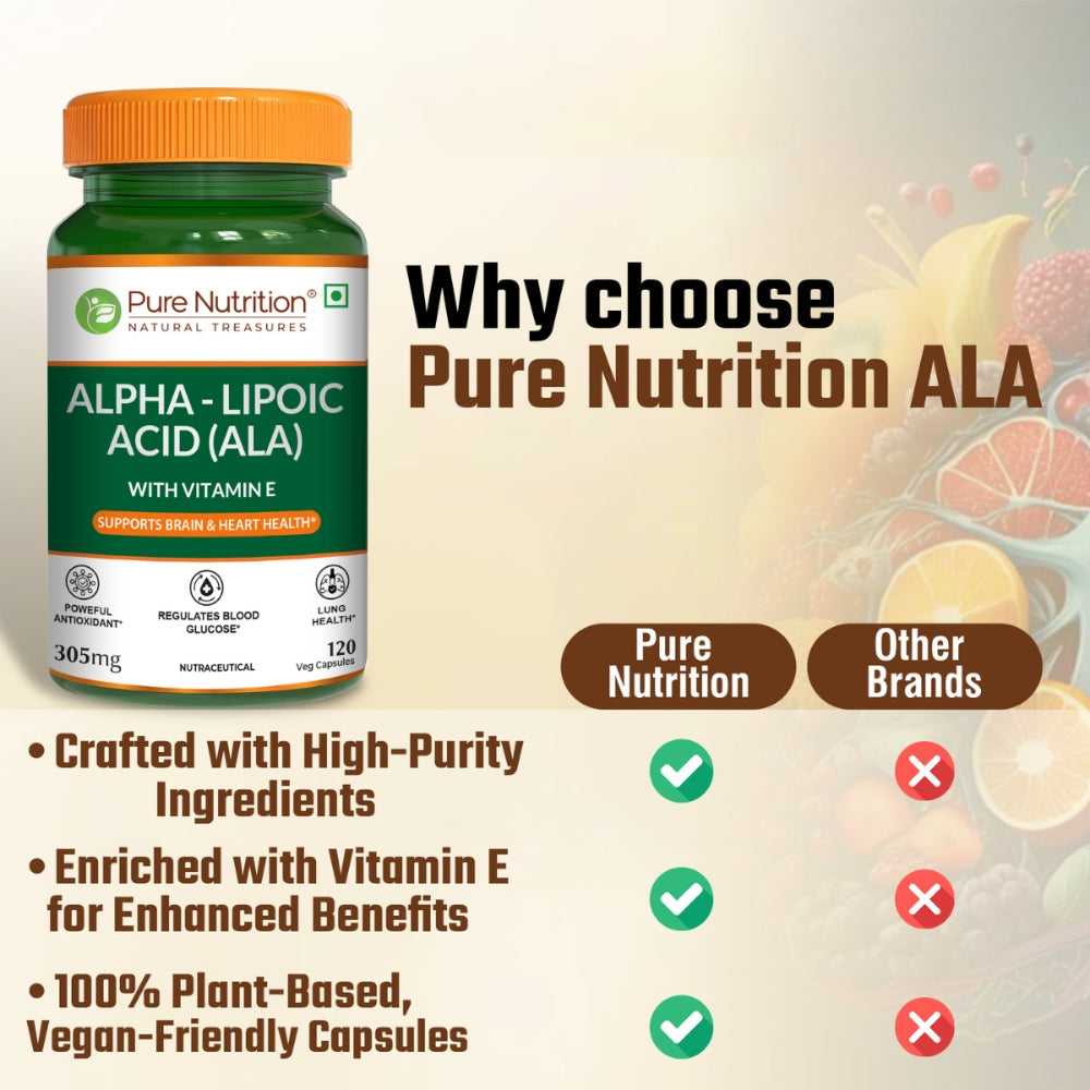 Pure Nutrition Alpha Lipoic Acid (ALA) 300mg with Vitamin E | Powerful ALA Supplement Antioxidant for Nerve & Heart Health | Supports Healthy Blood Sugar, Energy Metabolism & Cellular Protection - 120 Veg Capsules