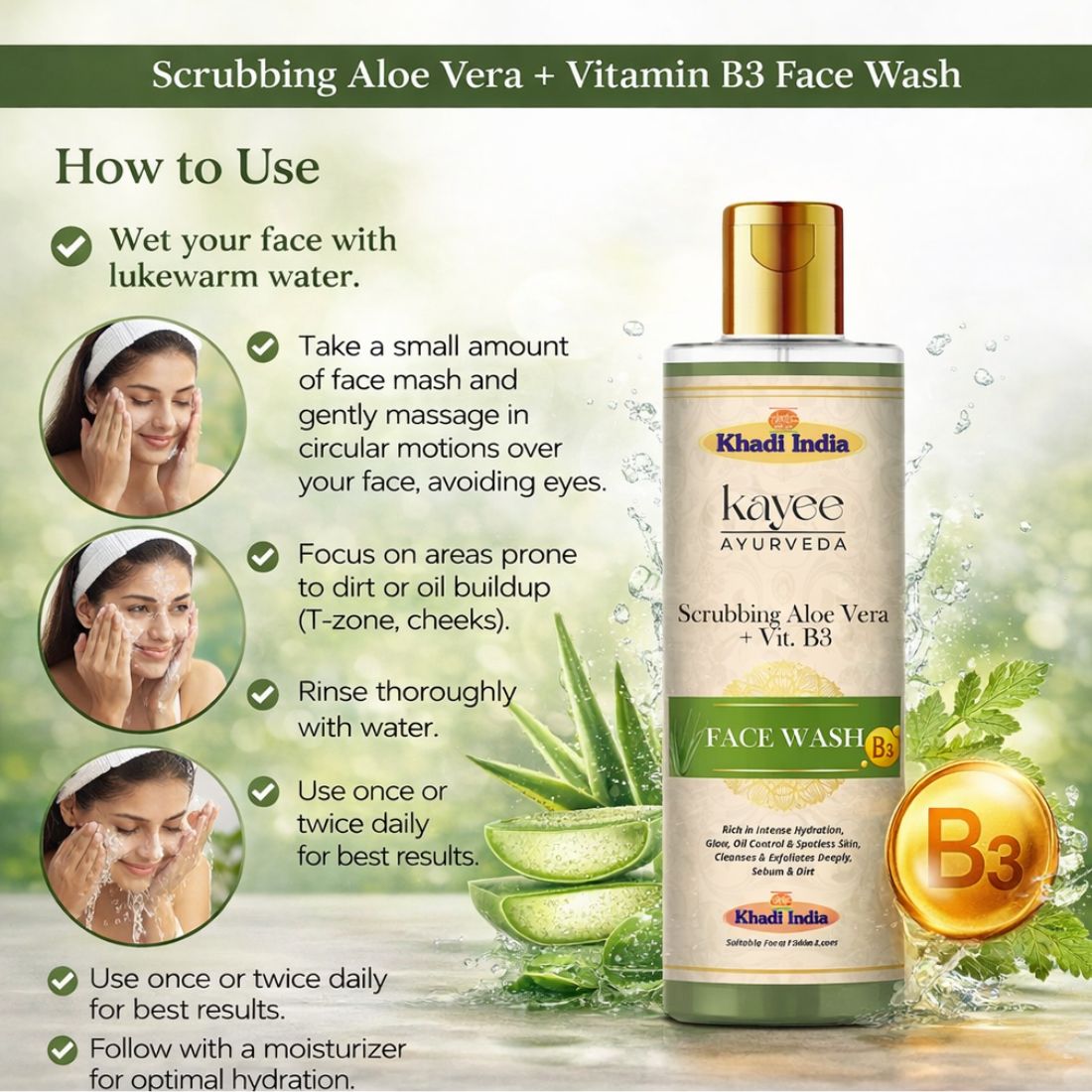 Kayee Ayurveda Scrubbing Aloe Vera + Vitamin B3 Face Wash for Men & Women | Gentle Exfoliating Facial Cleanser with Aloe Vera & Niacinamide | Helps Remove Dirt, Excess Oil & Dead Skin Cells for Fresh, Smooth & Healthy-Looking Skin | 210 ml