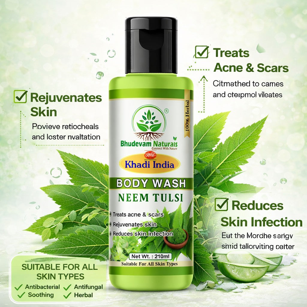 Bhudevam Naturals Khadi Neem & Tulsi Body Wash – Herbal Skin Purifying Cleanser for Daily Use- 210ML