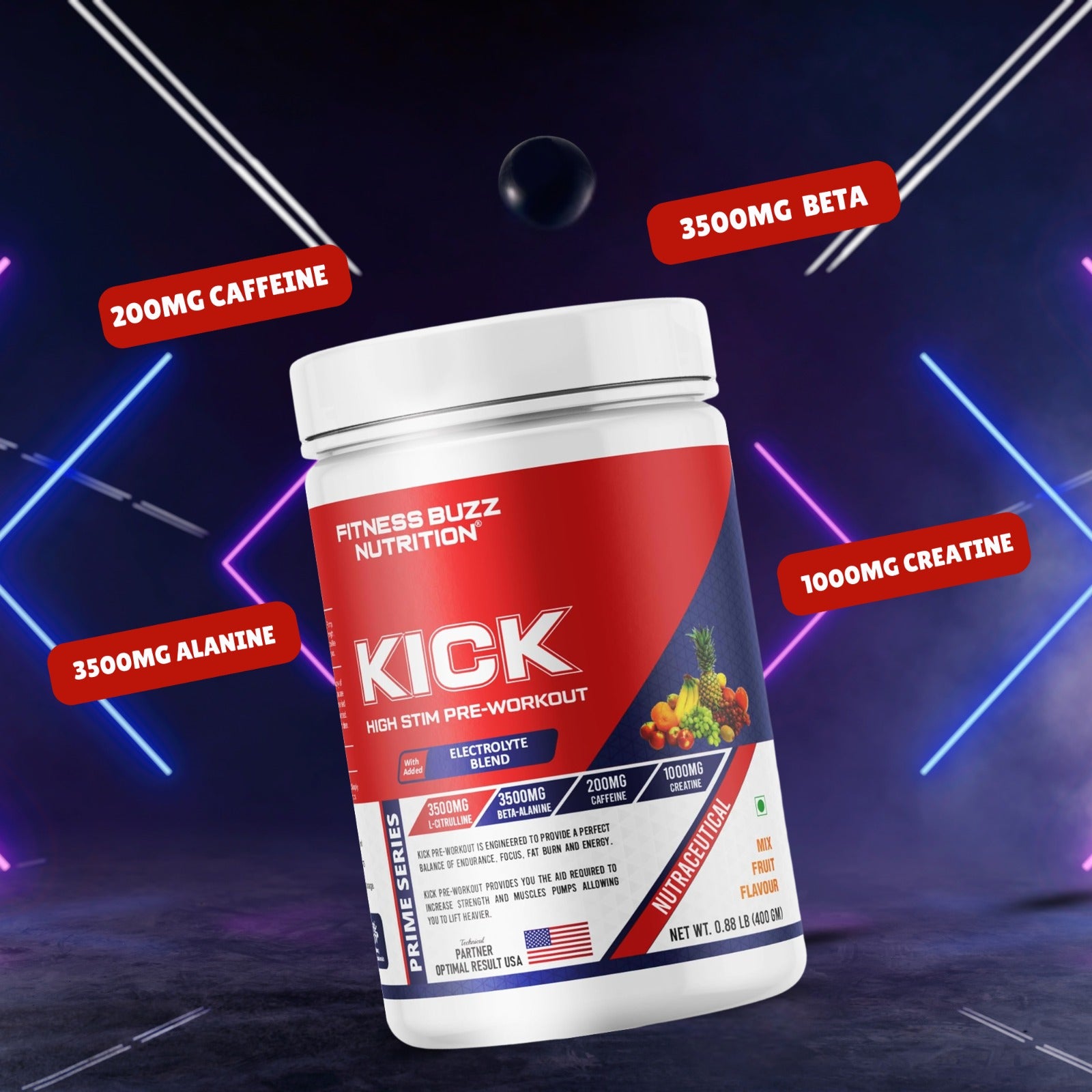 FB Nutrition Kick High Stim Pre-Workout Supplement - Mix Fruit - 400gm