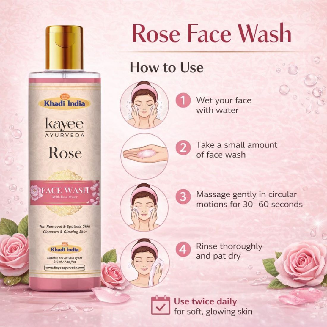 Kayee Ayurveda Rose Face Wash for Men & Women | Herbal Rose-Enriched Facial Cleanser for Daily Skin Care | Helps Remove Dirt, Excess Oil, Sweat & Impurities While Leaving Skin Fresh, Soft, Smooth & Healthy-Looking | 210 ml