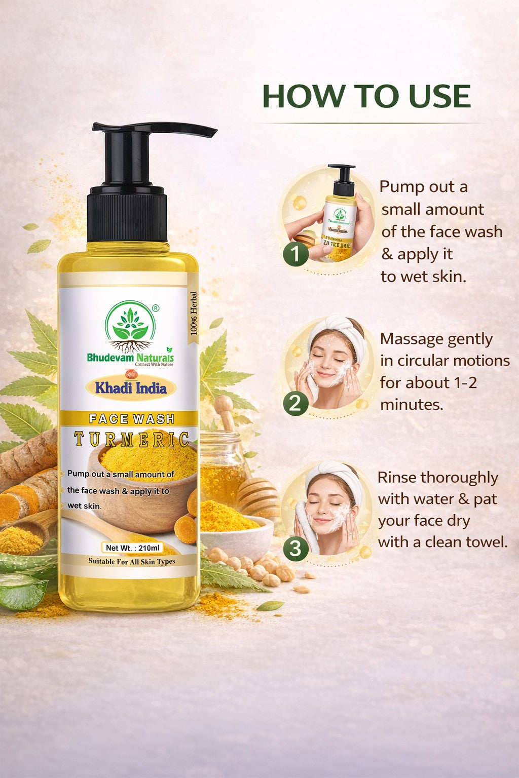 Bhudevam Naturals Khadi Turmeric Face Wash – Fights Acne, Reduces Pimples & Adds Radiance- 420ML (Pack of 2)