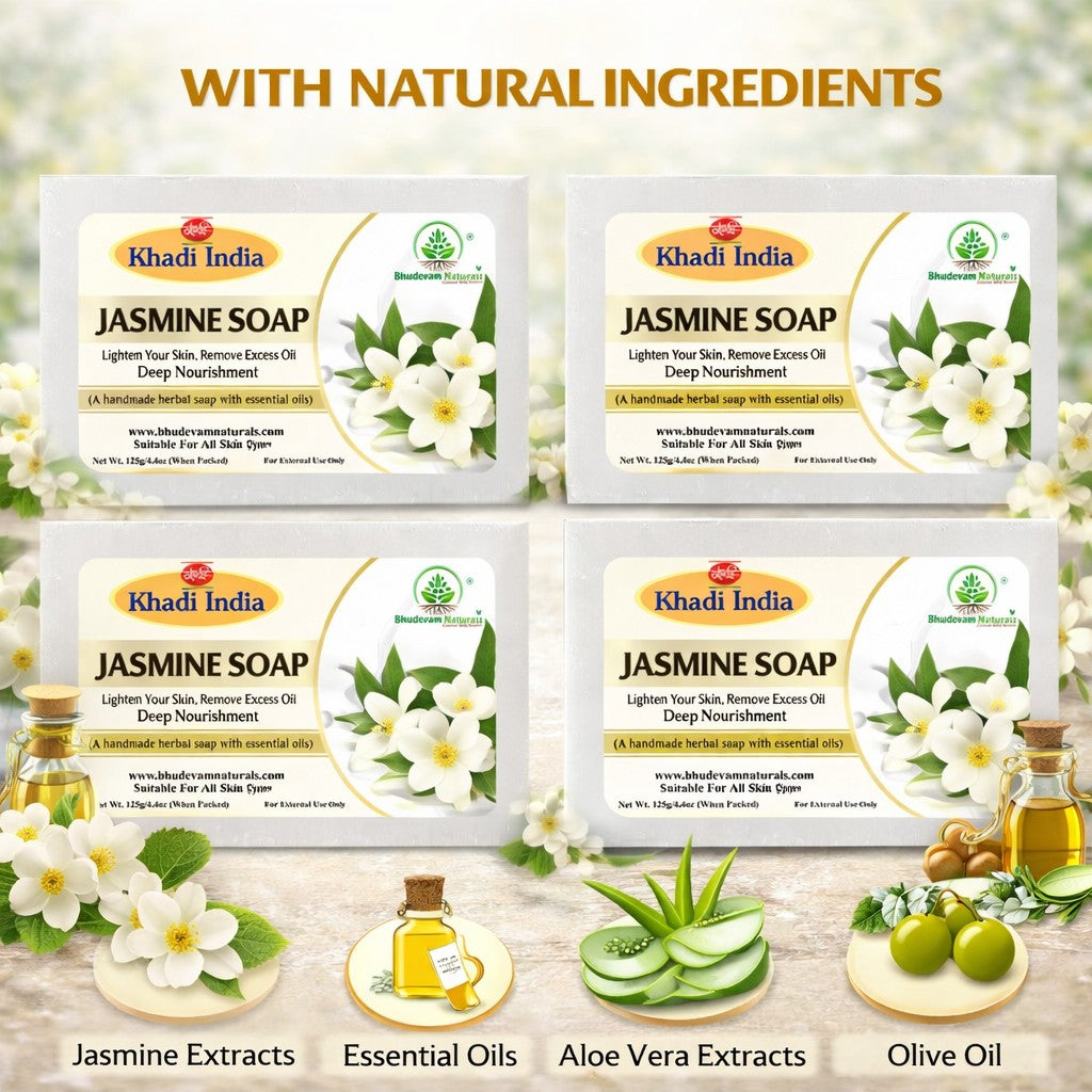 Bhudevam Naturals Khadi Jasmine Bath Soap for Moisturizing, Skin Nourishment & Long Lasting Fragrance - 500GM (Pack of 4)