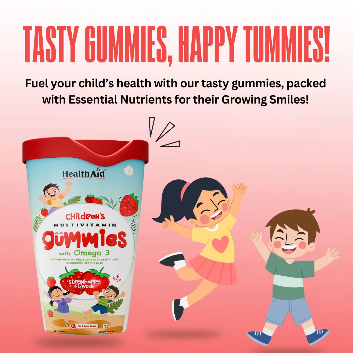HealthAid Children's Multivitamin Gummies with Omega 3 (Strawberry Flavour) - 60 Gummies