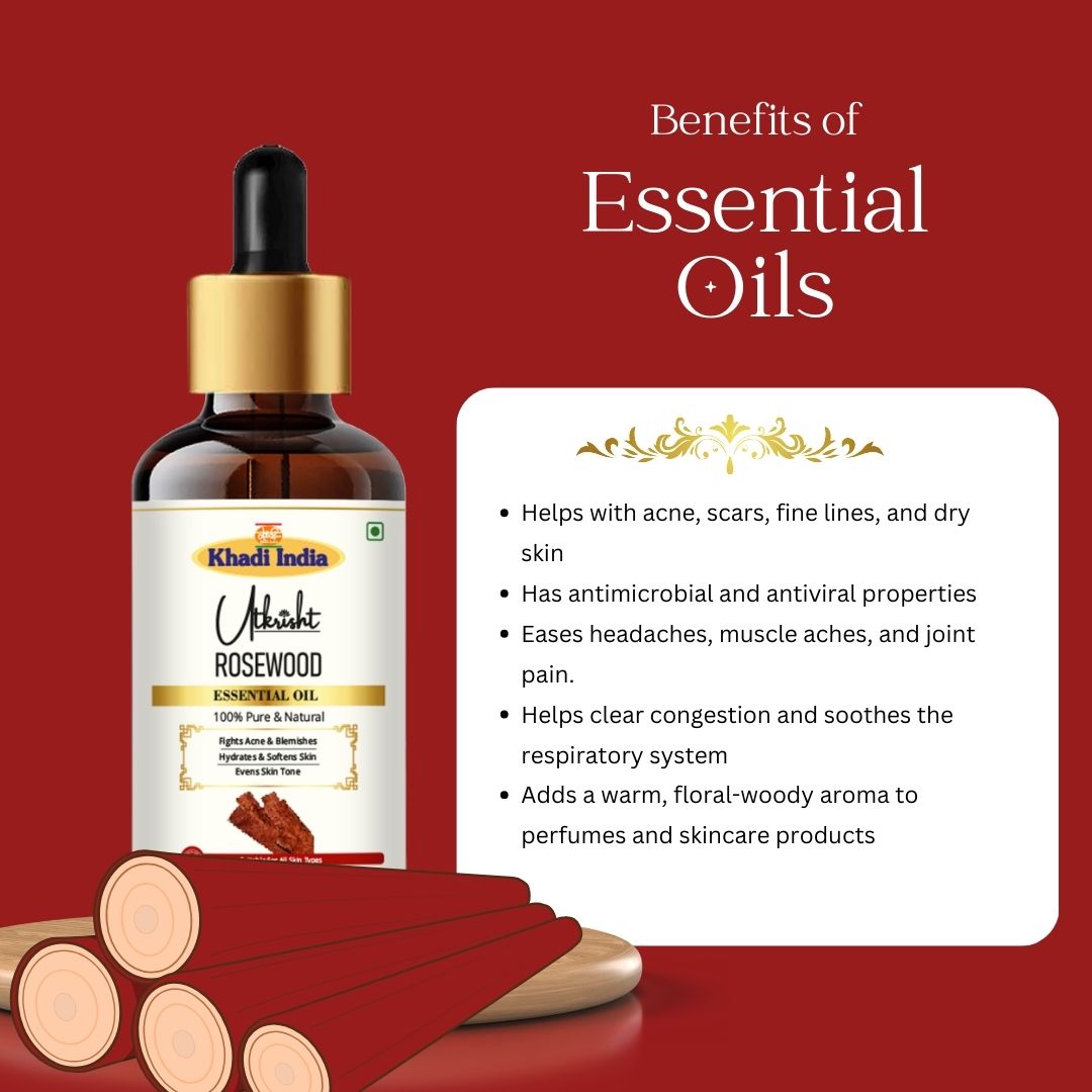 Khadi Rosewood Essential Oil | Pure & Natural Rosewood Oil for Face & Body Care | Essential Oil for Glowing-Looking Skin, Relaxation & Aromatherapy | Floral-Woody Wellness Oil | 15 ml
