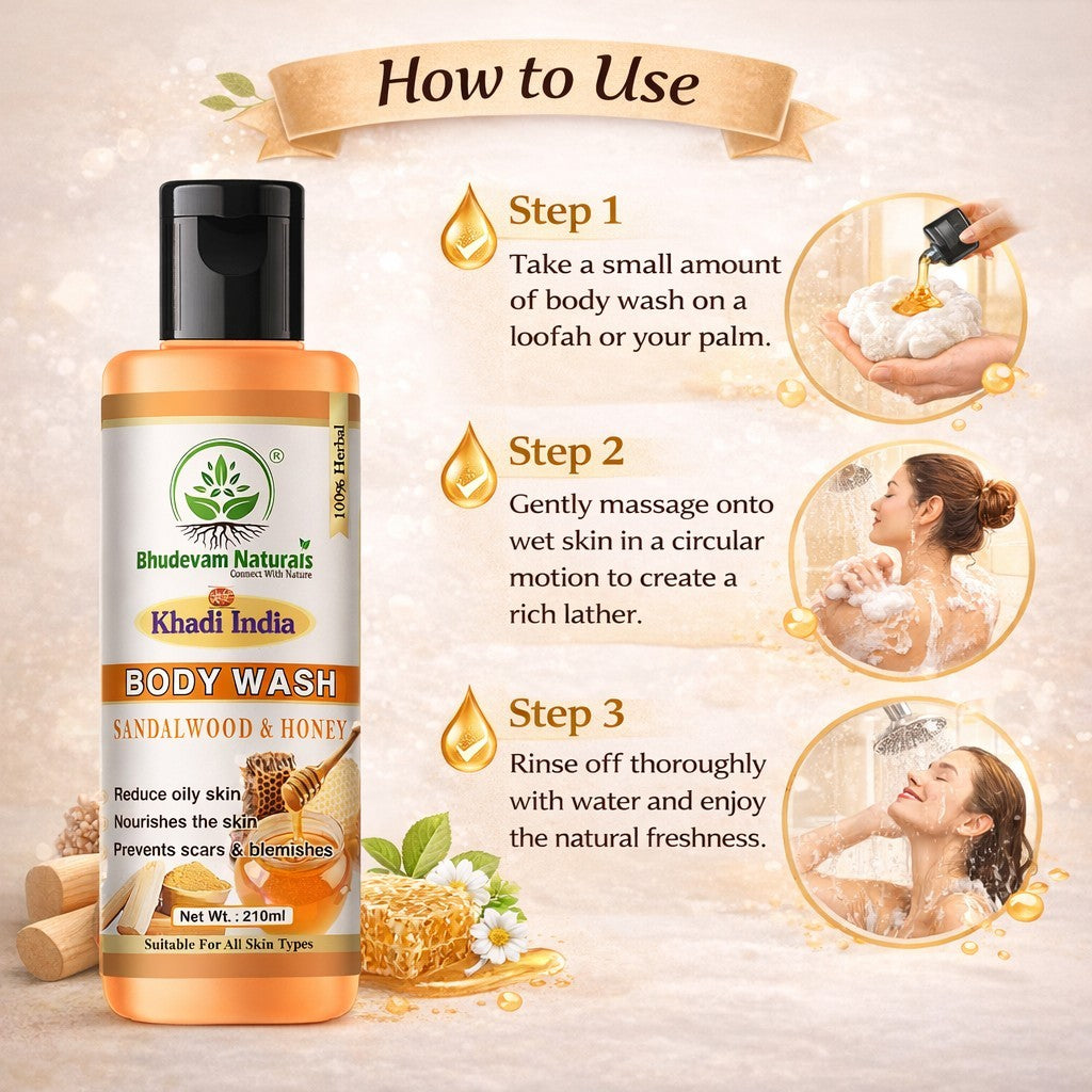 Bhudevam Naturals Khadi Sandalwood Honey Shower Gel, Natural Body Wash for Soft, Smooth & Healthy Skin- 210ML