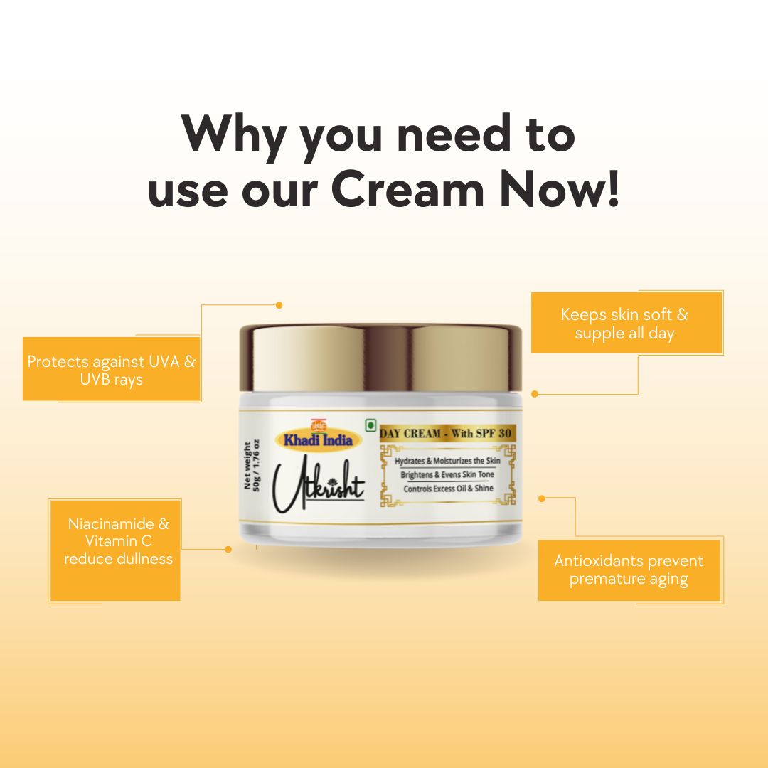 Utkrisht Khadi Pure Day Cream (50g) | Lightweight Hydration, SPF Sun Protection & Glowing Skin