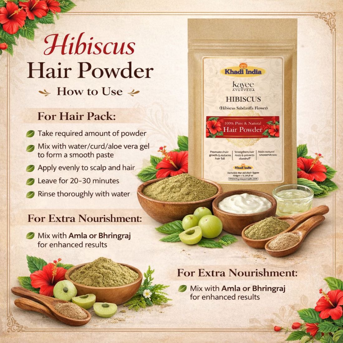 Kayee Ayurveda Hibiscus Hair Care Powder, Herbal Hibiscus Powder for Hair Nourishment & Conditioning, Helps Maintain Smooth, Soft, Manageable & Healthy-Looking Hair, Traditional Herbal Hair Care | 100 g