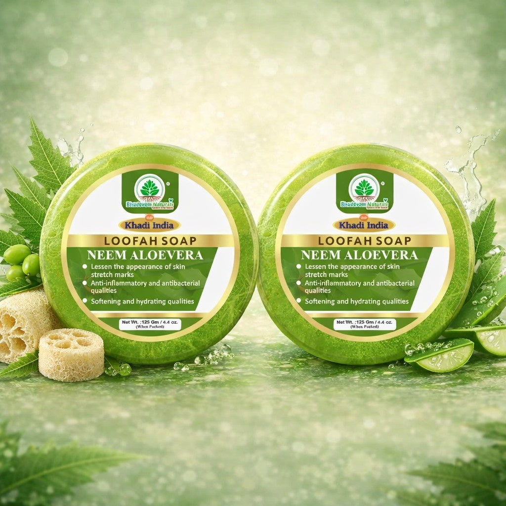 Bhudevam Naturals Khadi Neem & Aloe Vera Loofah Soap for Natural Skin Purifying & Healing Formula - 250GM (Pack of 2)