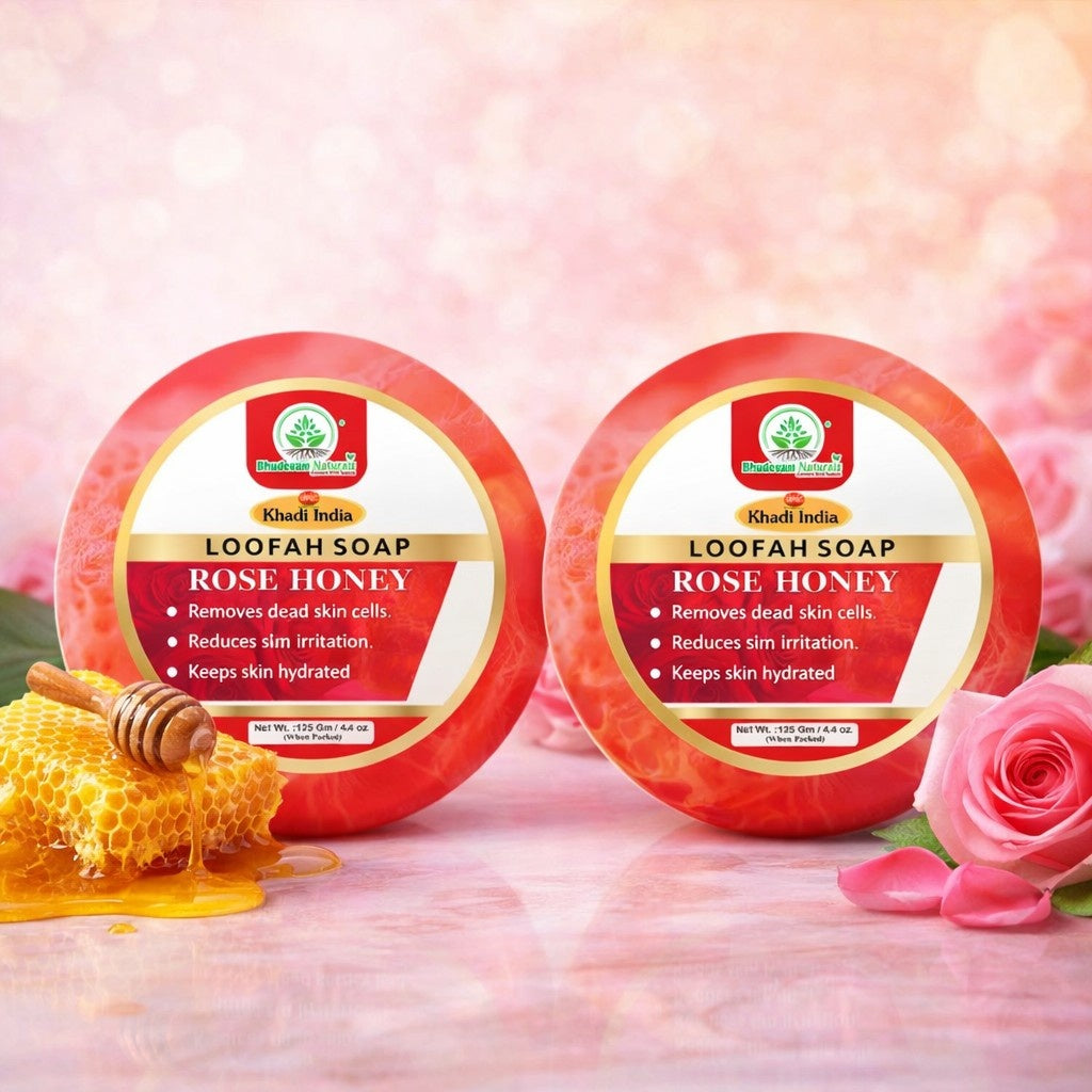 Bhudevam Natuals Khadi Rose Honey Loofah Soap – Natural Exfoliating Bath Soap for Soft & Glowing Skin- 250GM (Pack of 2)